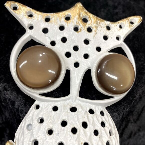 Retro 60s 70s Metal White Owl Earring Jewelry Holder Brown Moon Glow Lucite Eyes - Picture 6 of 7